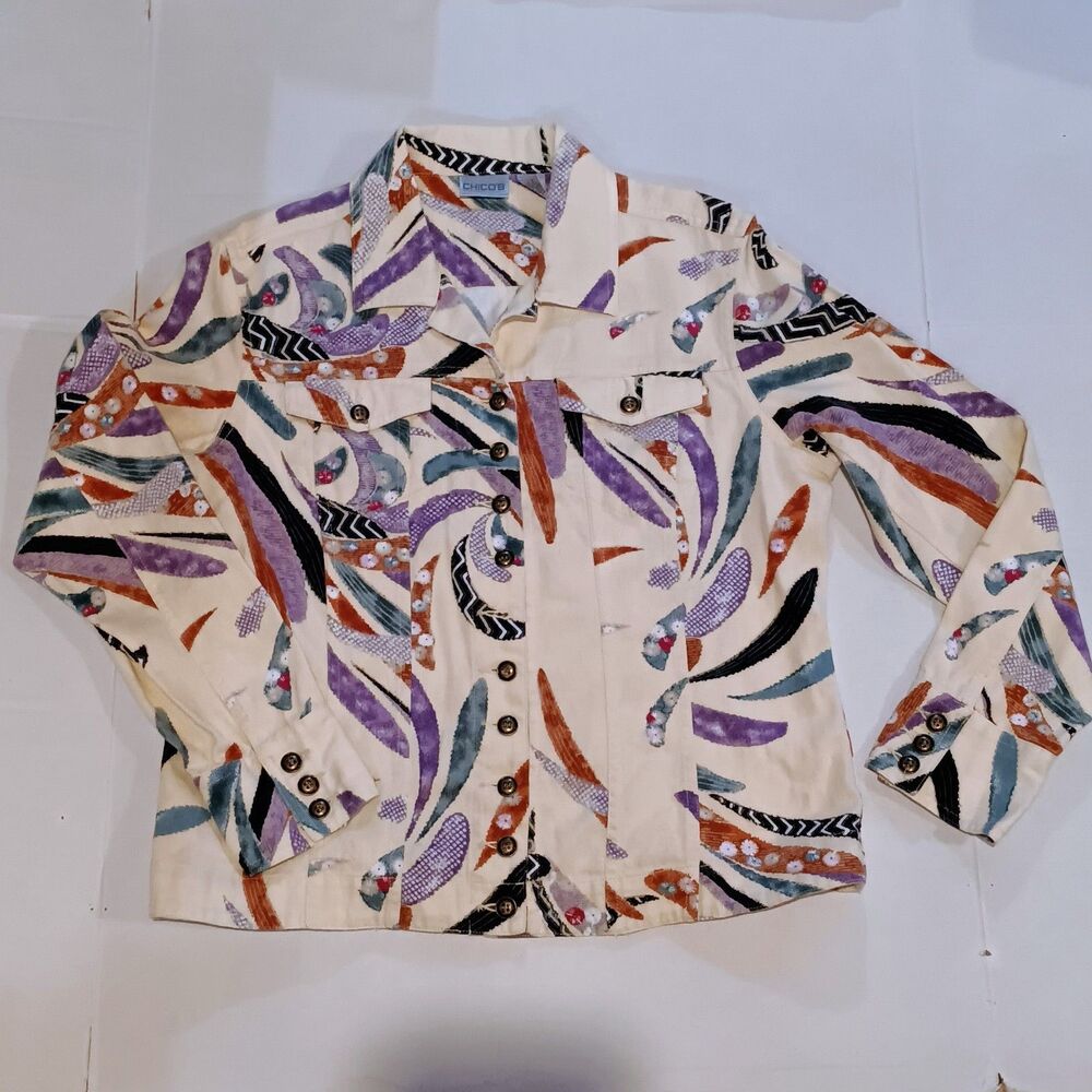 Chicos Abstract Print Button Up Jacket-Size 1 / Medium-Linen Blend-Pockets-ASOTV